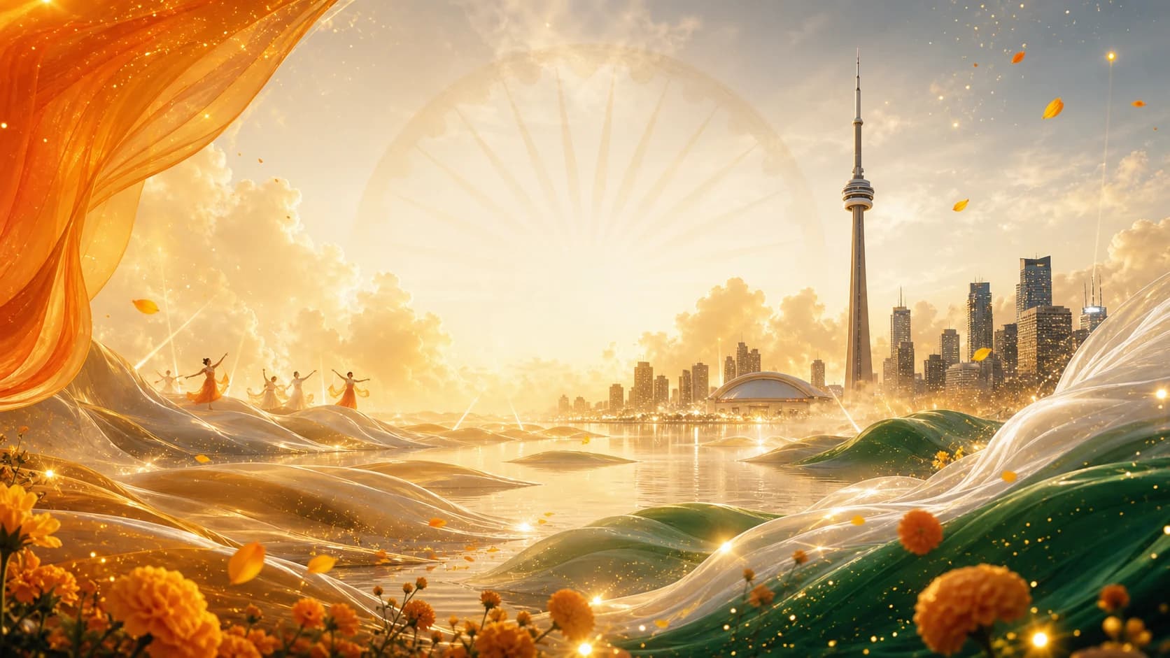 A dreamlike Indian tricolour festival landscape and city skyline